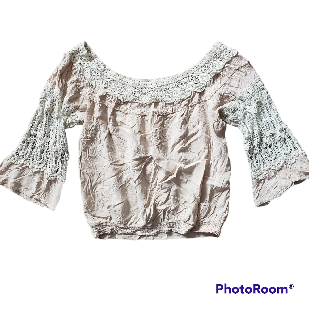 Leshop Womens Bohemian Blouse Cream Blush Crocheted Off the Shoulder Lace Size L